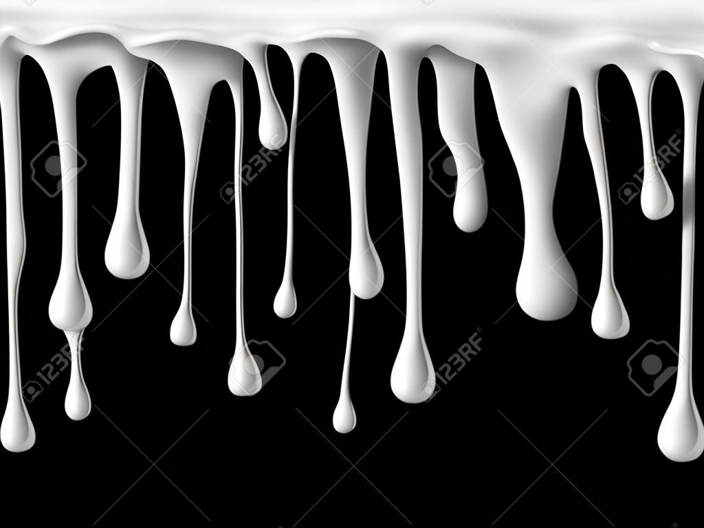 Gotas de leche o crema blanca gotean sobre fondo negro