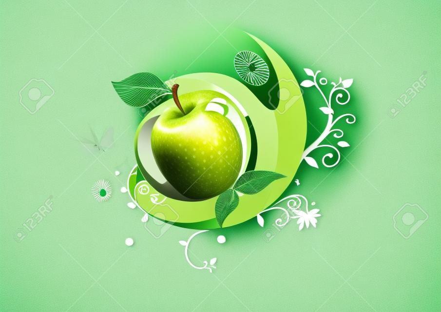 szimbóluma az egészséges táplálkozás, vagy diéta fitnysu Sport finom, zöld alma levelek és lepkék és a sport személyek