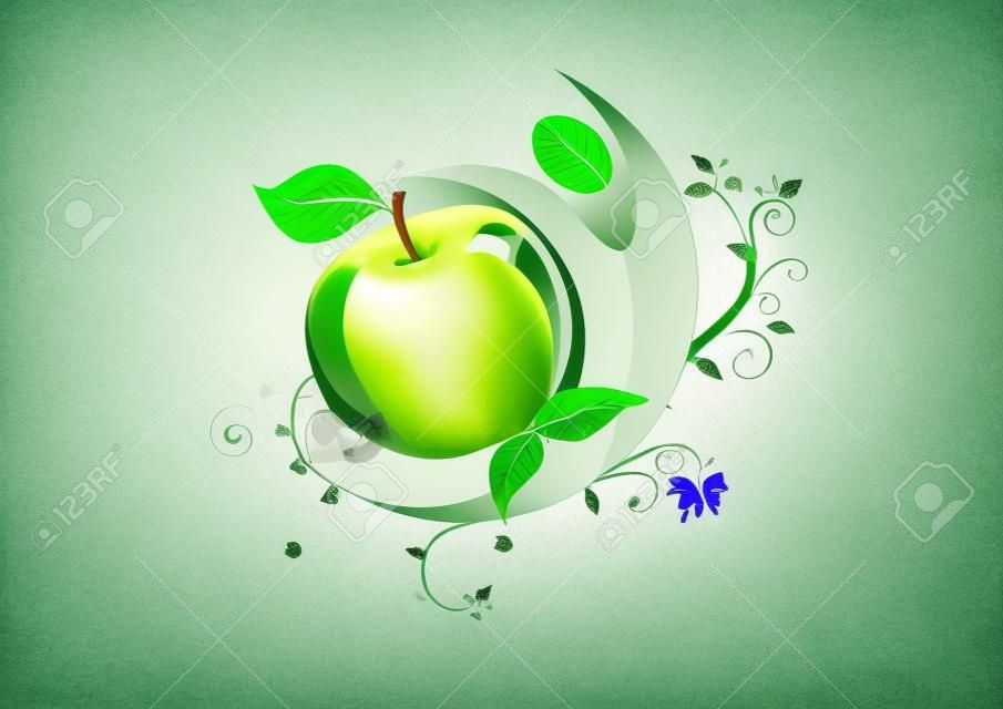 символом здорового питания или диеты fitnysu Спорт вкусные зеленое яблоко с листьями и бабочками и спортивных деятелей