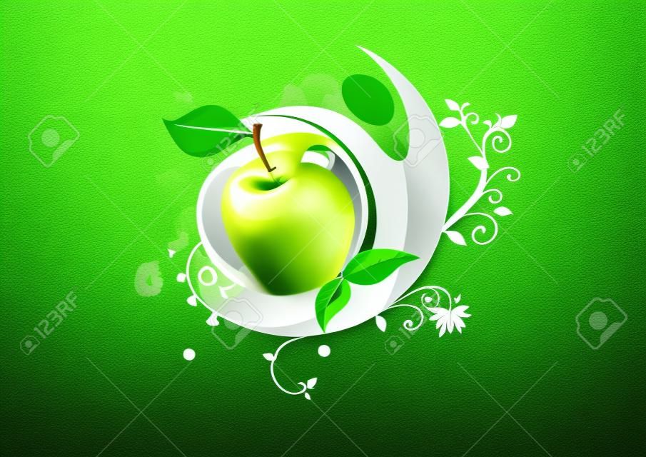 symbol of healthy eating or diet fitnysu Sports delicious green apple with leaves and butterflies and sports persons