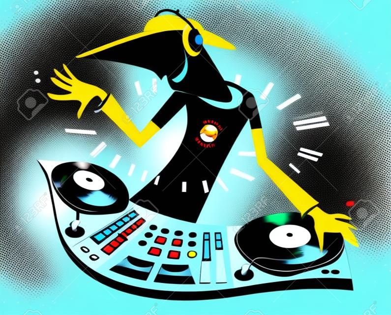 Karikatür komik DJ illüstrasyon. Gülen DJ elektronik müzik icra
