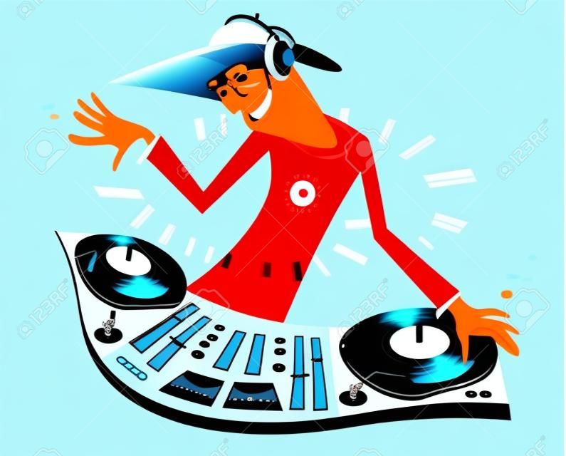 Cartoon lustige DJ Illustration. Lächeln DJ Durchführung elektronischer Musik