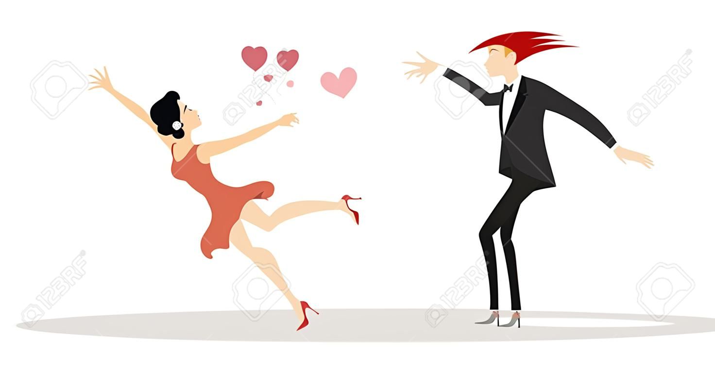 Dancing young couple illustration isolated. Romantic dancing young man holds woman by hand isolated on white illustration