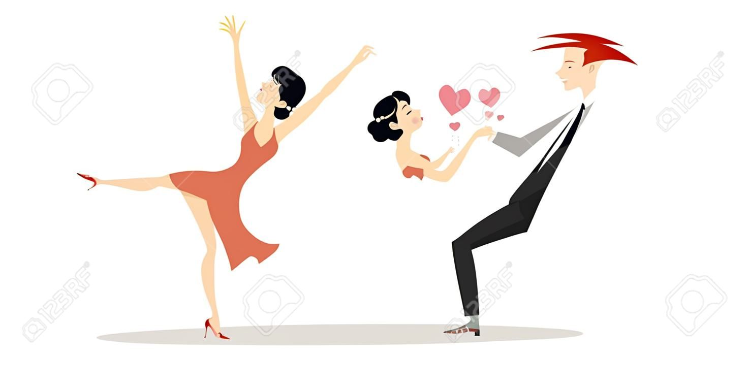 Dancing young couple illustration isolated. Romantic dancing young man holds woman by hand isolated on white illustration