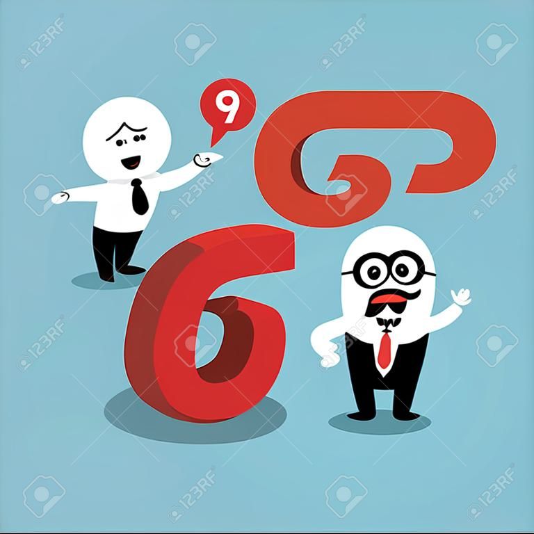 ilustração de conceito de filosofia com dois empresários argumentando se um número no chão é um 6 ou um 9