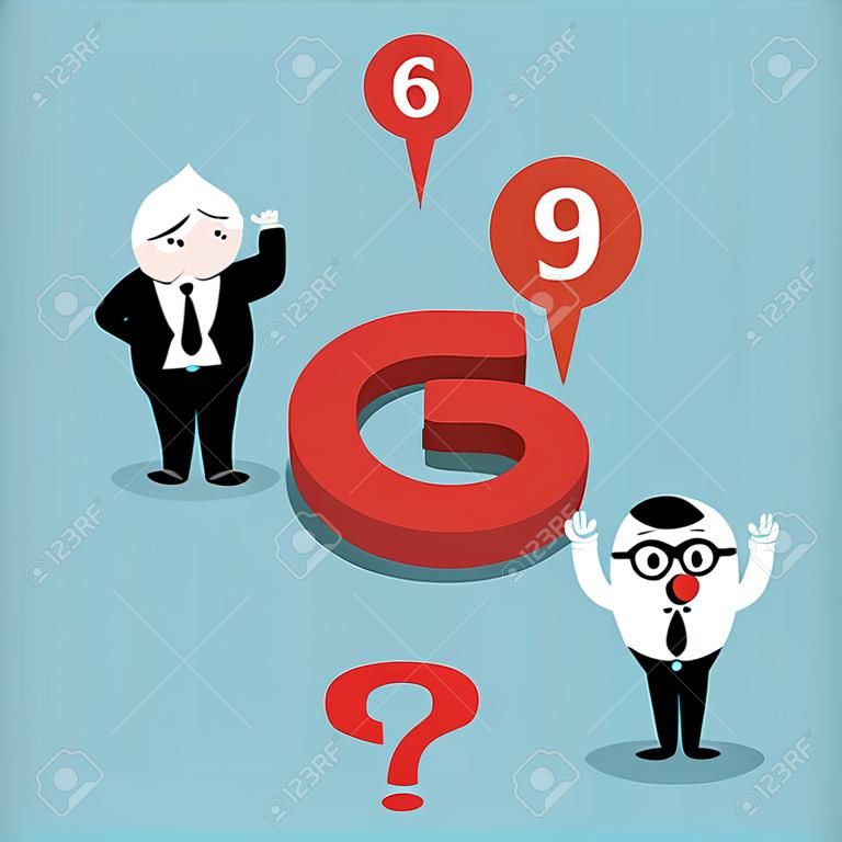 concepto de la filosofía de la ilustración con dos empresarios discutiendo si un número en el suelo es un 6 o un 9