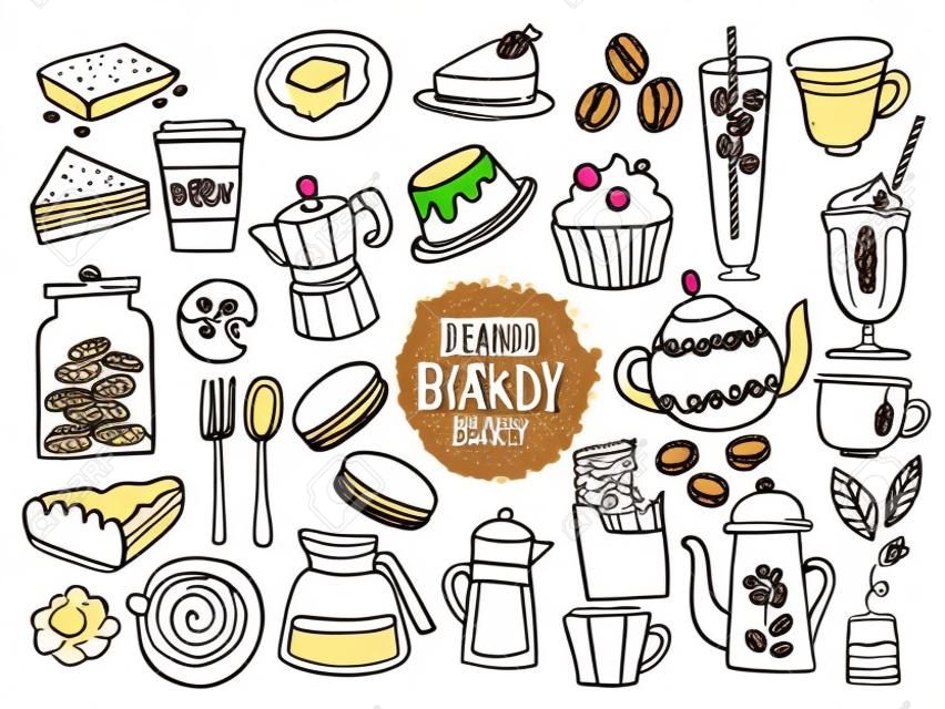 Set of hand drawn sweets bakery cafe coffee drinks doodles