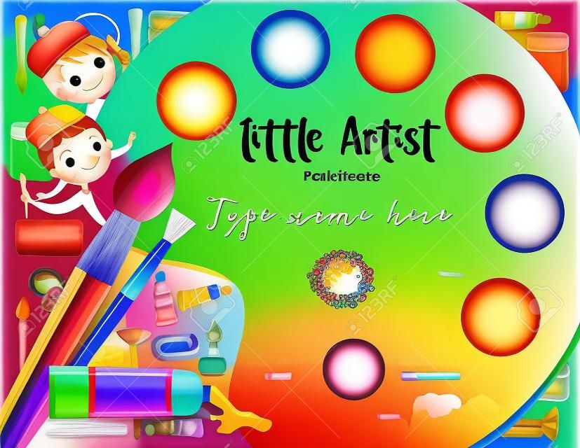 little artist, kids diploma child painting course certificate template with art palette background
