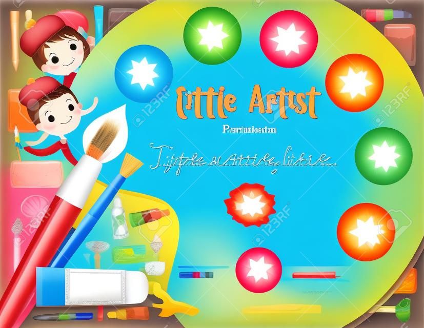 little artist, kids diploma child painting course certificate template with art palette background