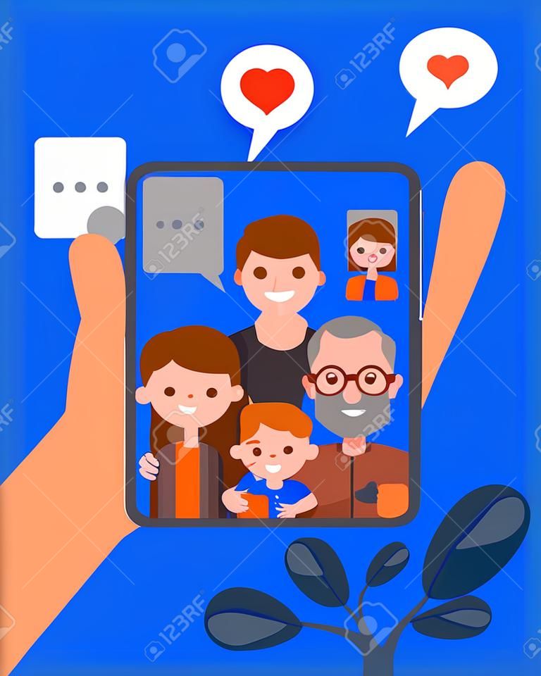 Rodzina razem ilustracja. mężczyzna na czacie z rodziną za pomocą aplikacji do rozmów wideo na smartfonie. Ludzka ręka trzyma urządzenie smartphone. płaska konstrukcja wektor postaci z kreskówek.
