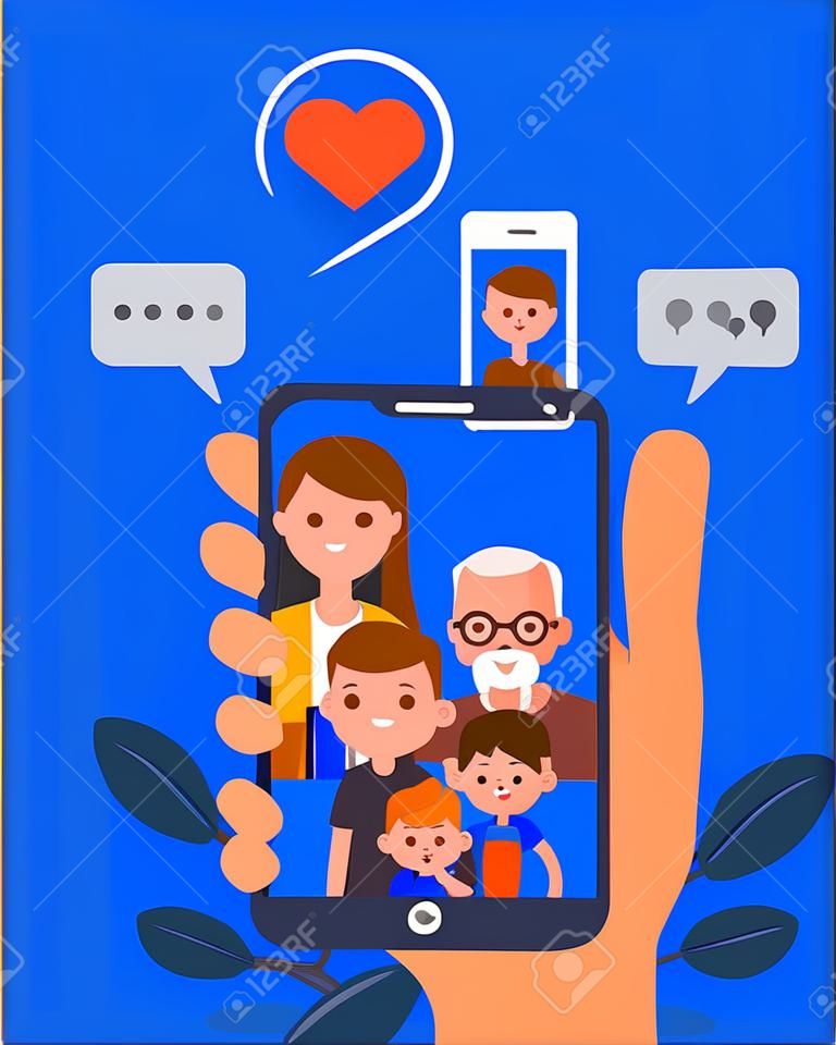 Rodzina razem ilustracja. mężczyzna na czacie z rodziną za pomocą aplikacji do rozmów wideo na smartfonie. Ludzka ręka trzyma urządzenie smartphone. płaska konstrukcja wektor postaci z kreskówek.
