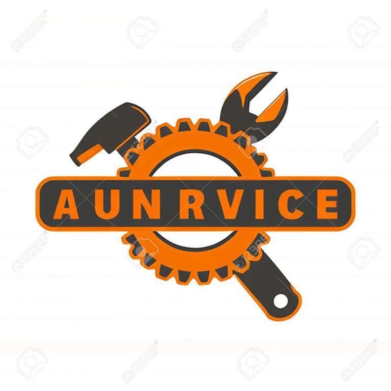 Usługi naprawy samochodów, klucz młotek, koło logo podpisać płaskim