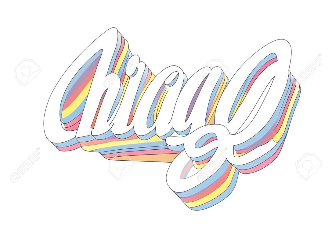 Chicago hand lettering 3d isometric effect with rainbow patterns.