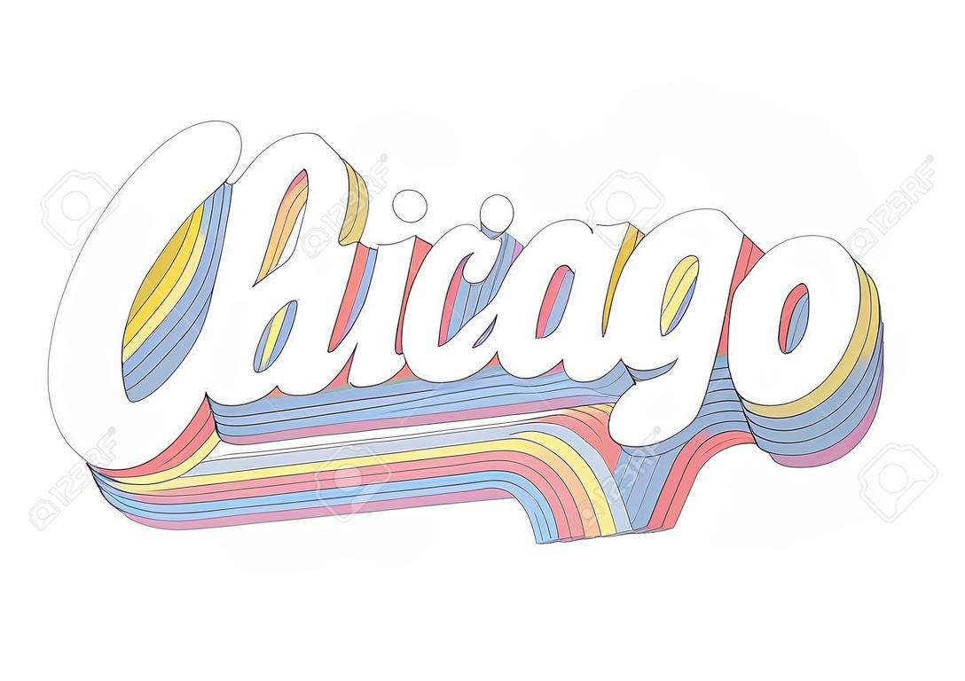 Chicago hand lettering 3d isometric effect with rainbow patterns.