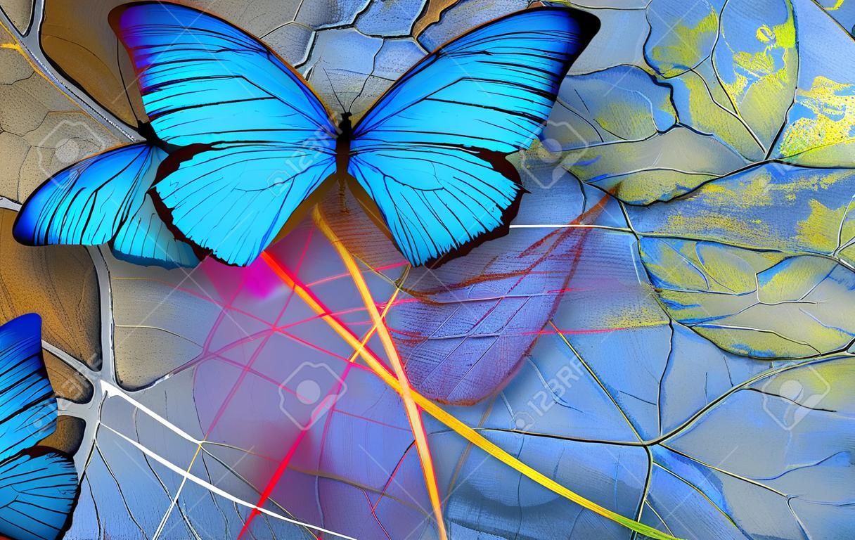 Creative concept of blue background. Abstract natural blue background. Morpho blue butterflies and transparent leaves texture background. Transparent purple leaves. Gold on the blue.