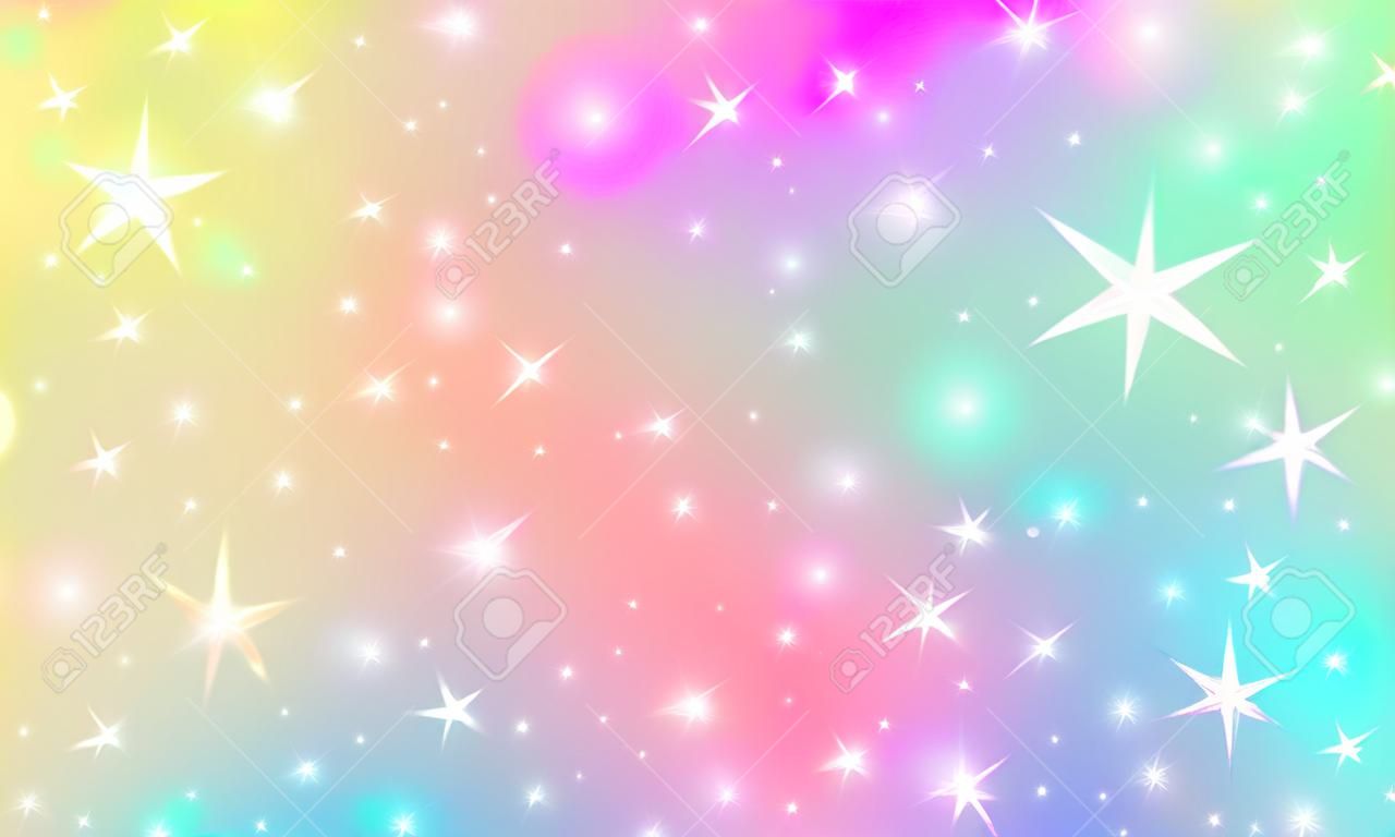Einhorn-Regenbogen-Hintergrund. Holographischer Himmel in Pastellfarben. Helles Meerjungfrauenmuster in Prinzessinnenfarben. Vektor-Illustration. Fantasiesteigung bunter Hintergrund mit Regenbogenmasche.
