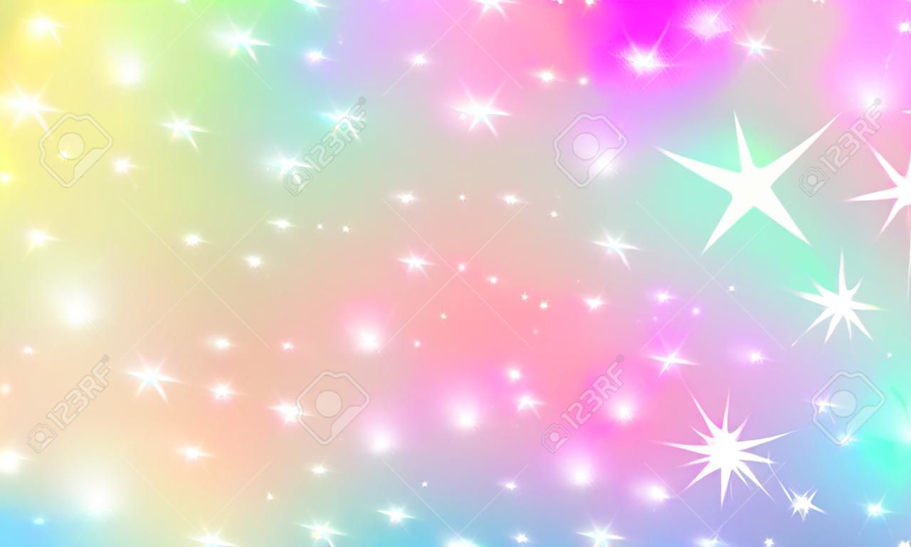 Eenhoorn regenboog achtergrond. Holografische lucht in pastelkleur. Heldere zeemeermin patroon in prinses kleuren. Vector illustratie. Fantasy gradiënt kleurrijke achtergrond met regenboog gaas.