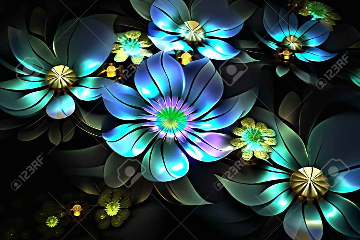 Abstract fiori 3d su sfondo nero. Computer-generated frattale in blu, viola, giallo e sbiadito colori verde.