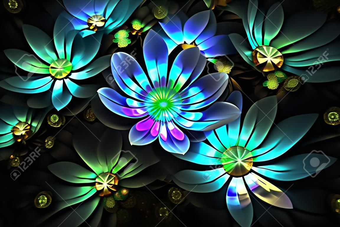 Abstract fiori 3d su sfondo nero. Computer-generated frattale in blu, viola, giallo e sbiadito colori verde.