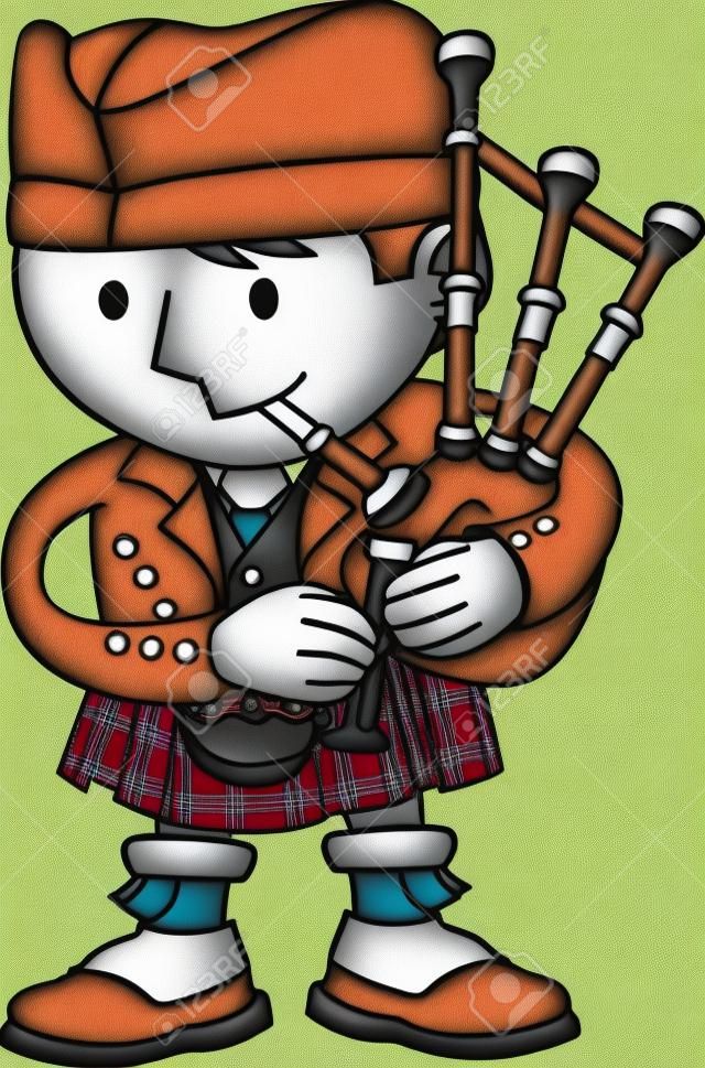 Illustration of male Scottish bagpiper playing bagpipes
