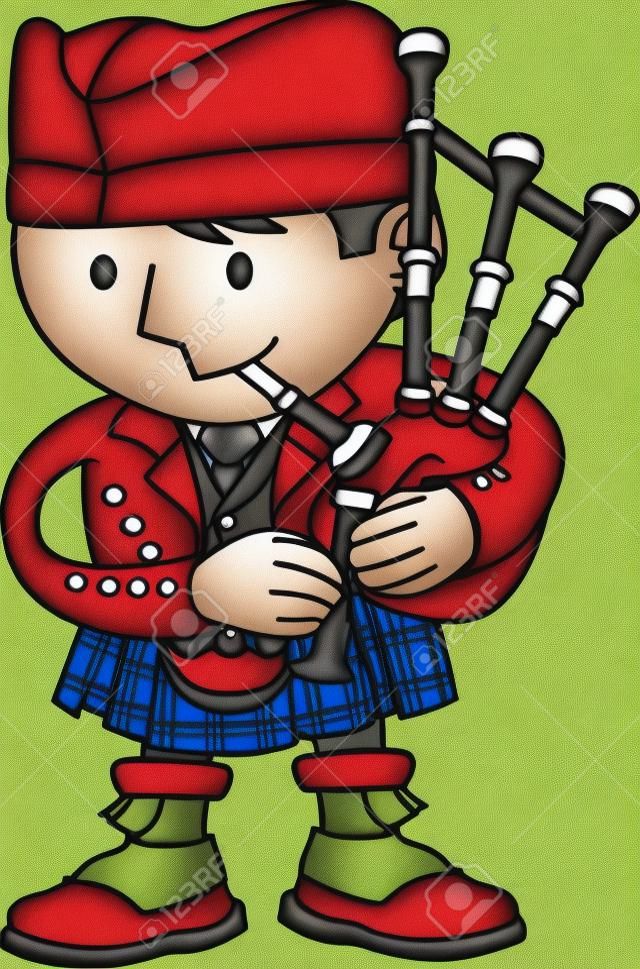 Illustration of male Scottish bagpiper playing bagpipes
