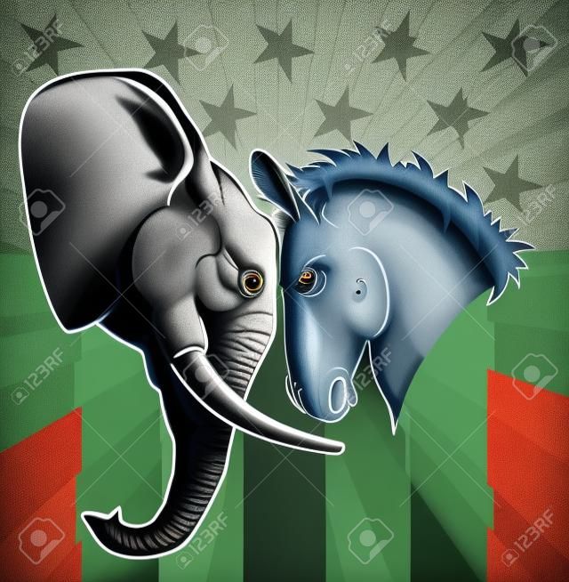 Die Demokraten und Republikaner Symbole eines Esel und Elefanten mit Blick auf.