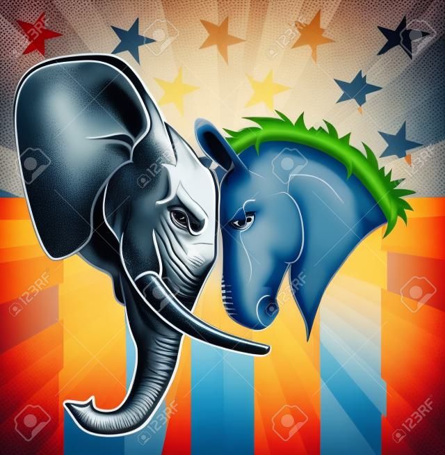 I simboli di un asino e un elefante di fronte al largo democratico e repubblicano.