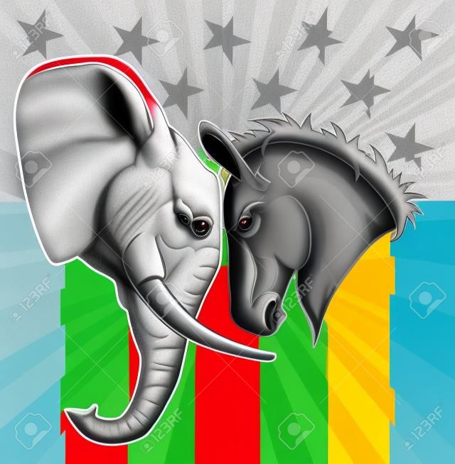The democrat and republican symbols of a donkey and elephant facing off. 