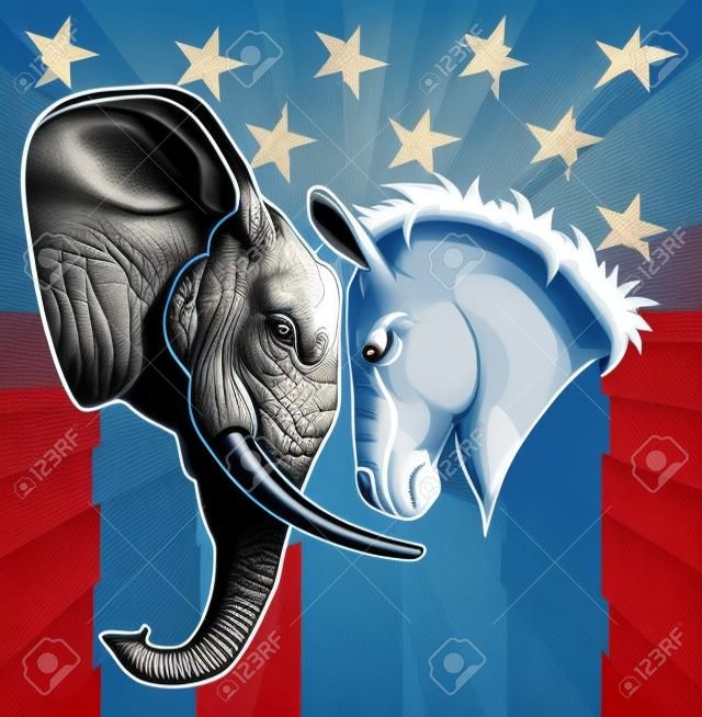 The democrat and republican symbols of a donkey and elephant facing off. 