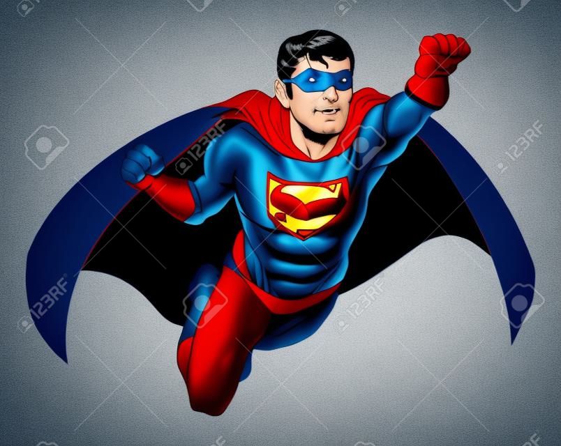 공기를 통해 비행 케이프와 빨강 및 파랑 의상을 입고 슈퍼 영웅 남자의 그림