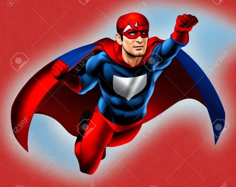 Illustration of  a super hero man dressed in red and blue costume with cape flying through the air
