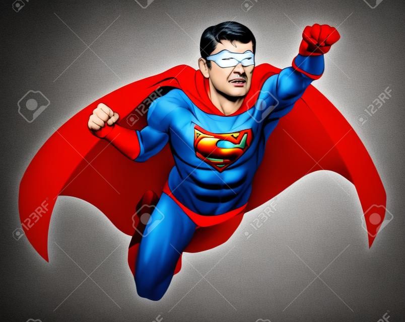 공기를 통해 비행 케이프와 빨강 및 파랑 의상을 입고 슈퍼 영웅 남자의 그림
