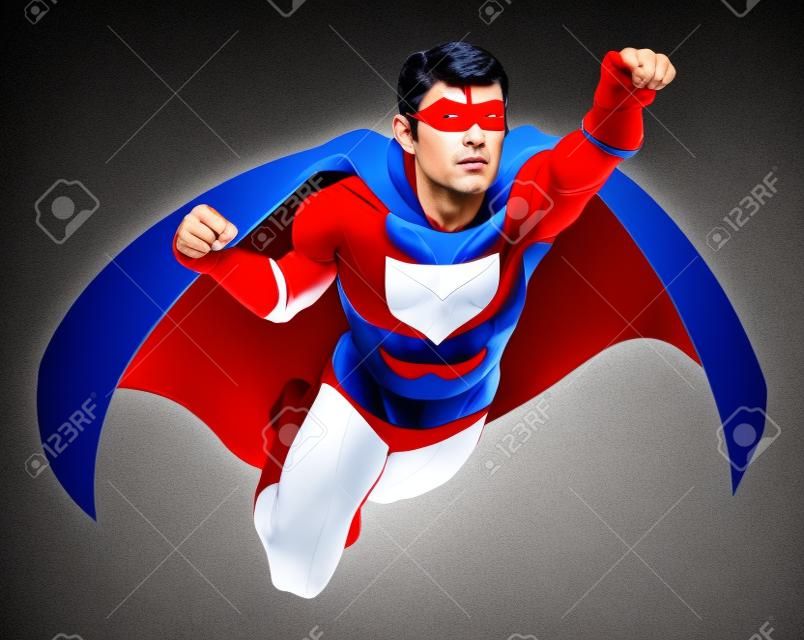 Illustration of  a super hero man dressed in red and blue costume with cape flying through the air