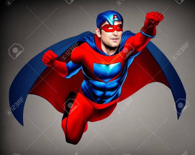 Illustration d'un homme super héros en costume rouge et bleu avec le Cap-volant dans l'air