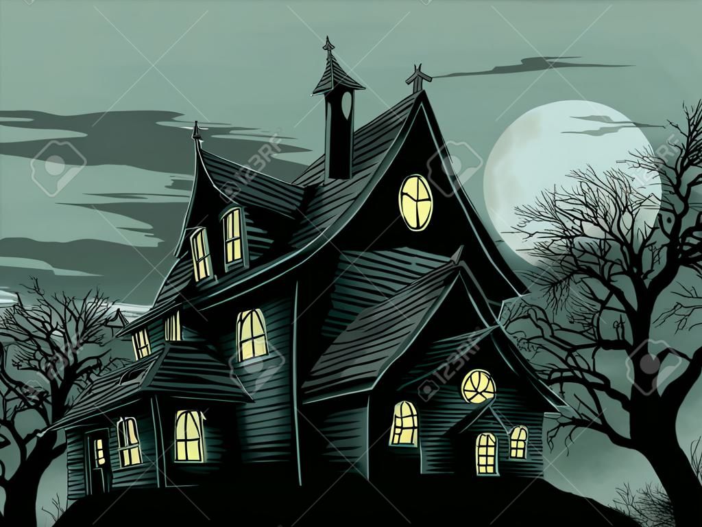 Halloween scène. Illustratie van een spookachtig spookhuis