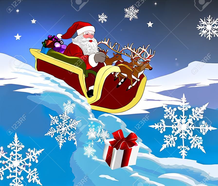 Santa在他的圣诞雪橇或雪橇送圣诞礼物给大家