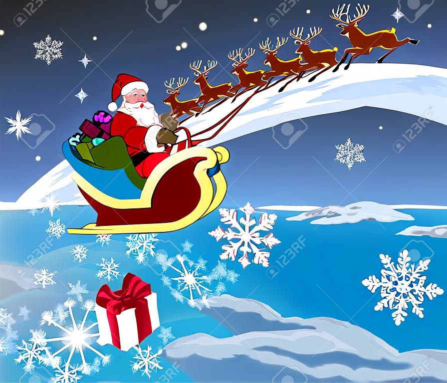 Santa nella sua slitta di Natale o slitta, offrendo i suoi doni di Natale a tutti