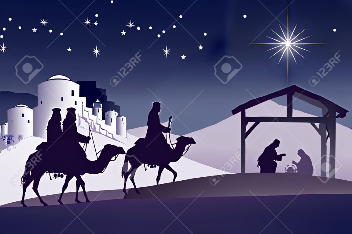 Ilustración del tradicional cristiana Navidad Belén con los tres sabios va a cumplir con el niño Jesús en el pesebre.