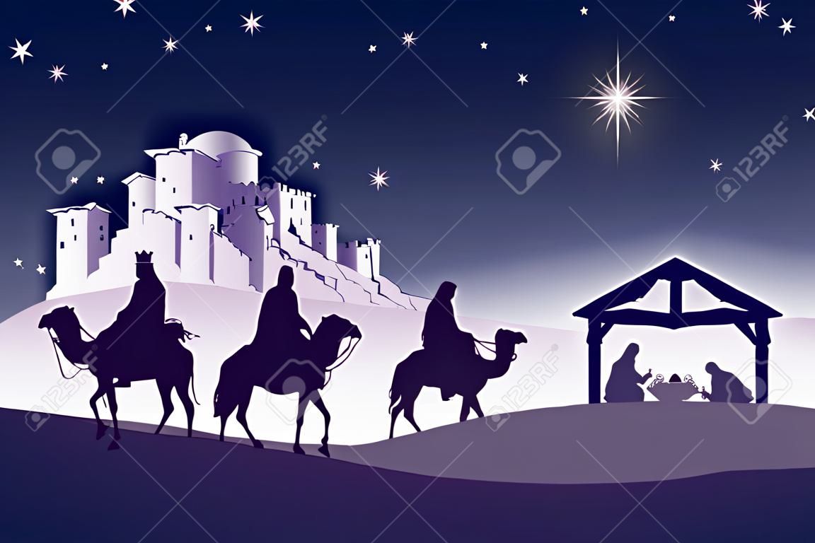 Ilustración del tradicional cristiana Navidad Belén con los tres sabios va a cumplir con el niño Jesús en el pesebre.