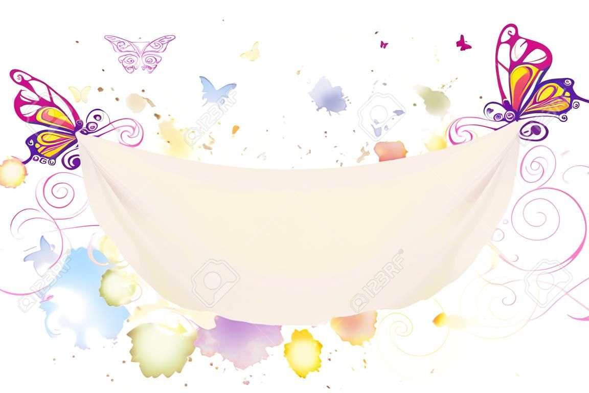 Abstract background of flowers with butterflies holding up a sheet banner with space for text