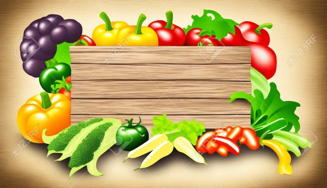 Ilustración de un cartel de madera rodeada de verduras frescas