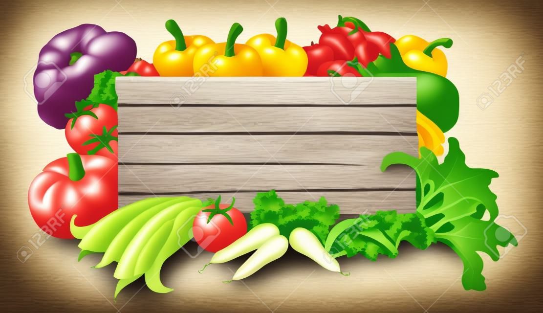 Illustration of a wooden sign surrounded by fresh vegetables