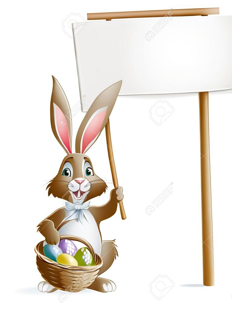 Lapin de Pâques lapin tenant un panier d'oeufs de Pâques et un signe