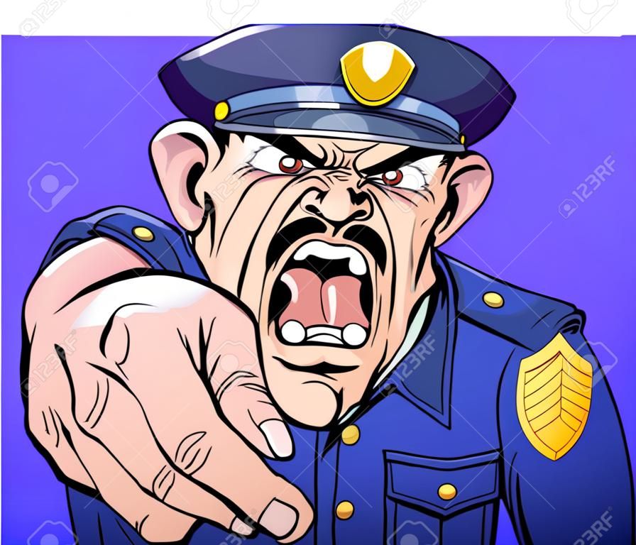 Illustration of a cartoon angry policeman cop or security guard shouting at the viewer