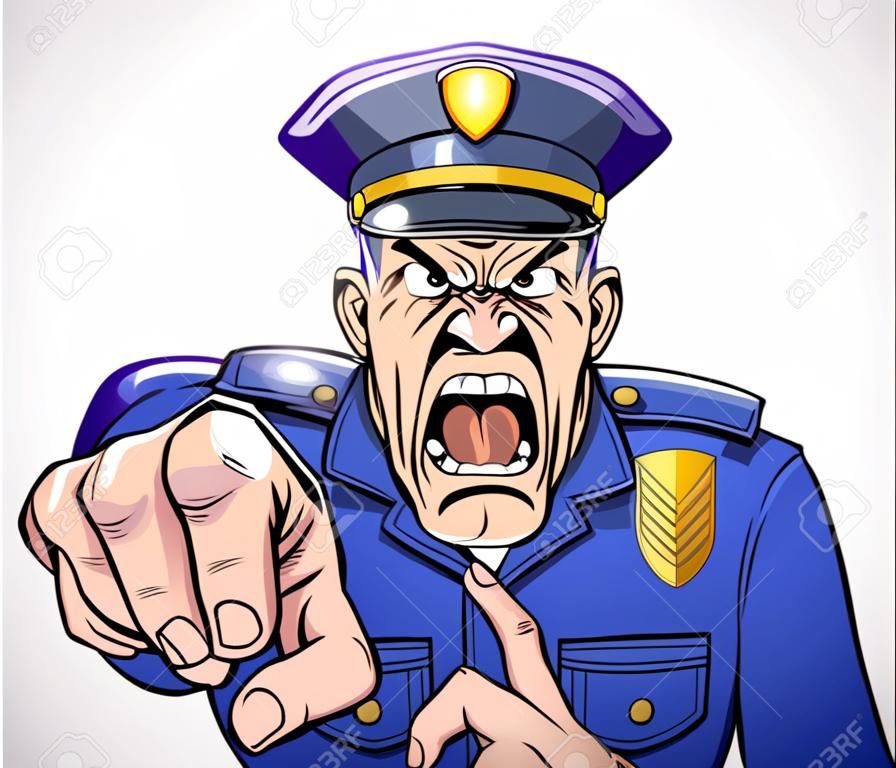 Ilustración de un policía de dibujos animados enojado policía o guardia de seguridad gritando en el visor