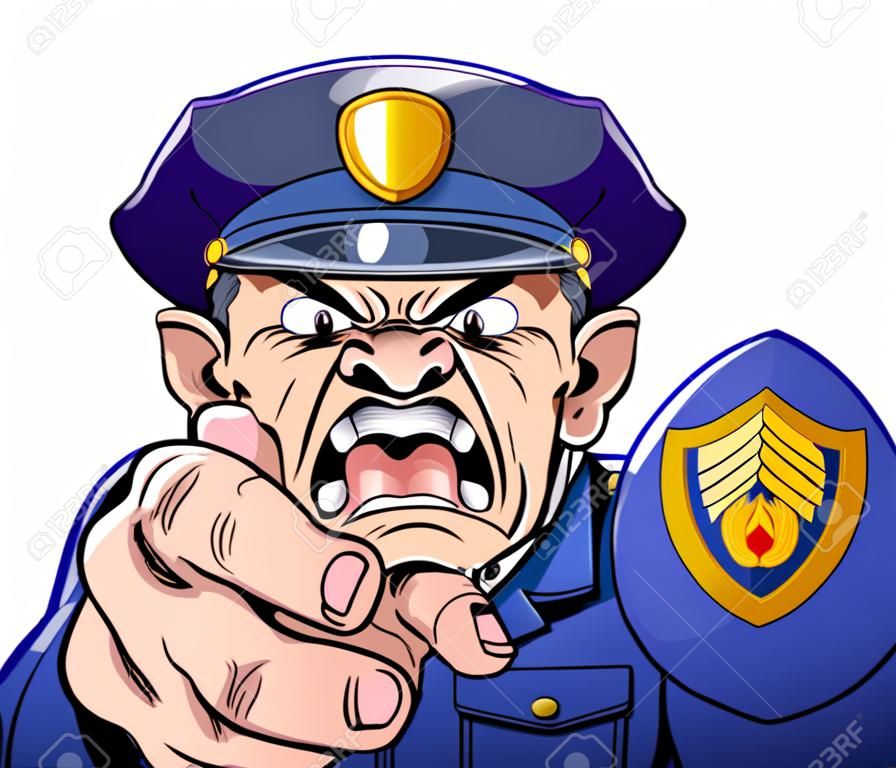 Illustrazione di un poliziotto arrabbiato poliziotto cartone animato o guardia di sicurezza gridando lo spettatore