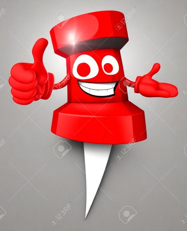 Cartoon rosso uomo puntina da disegno, sorridente e dando un pollice in alto