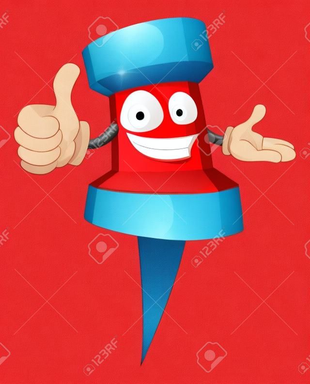 Rojo de dibujos animados del hombre chincheta sonriendo y dando un pulgar hacia arriba