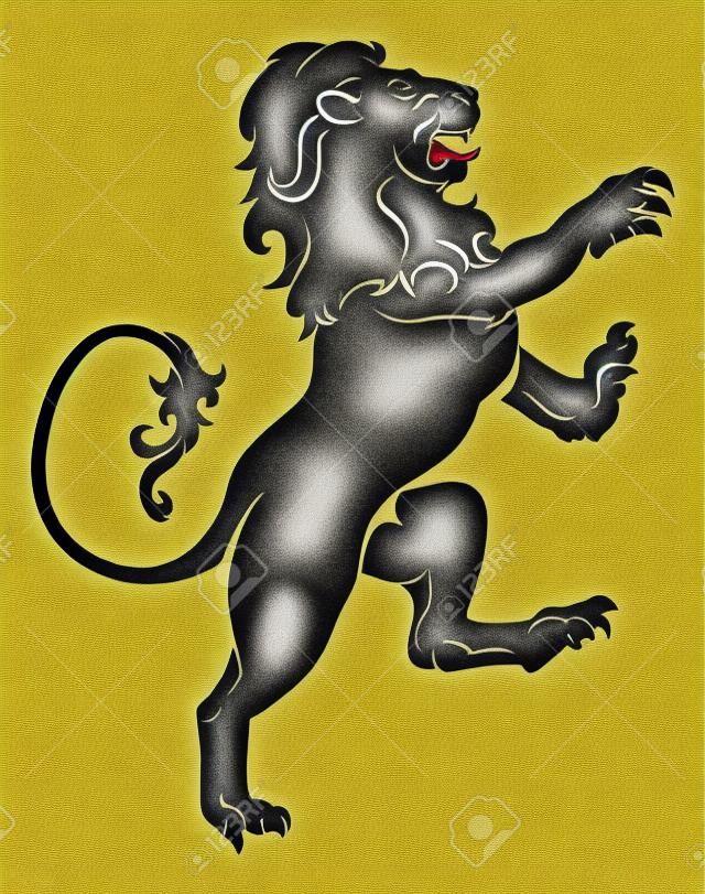 Ilustración de un león heráldico desenfrenada sobre las patas traseras, como las que se encuentran en un escudo de armas