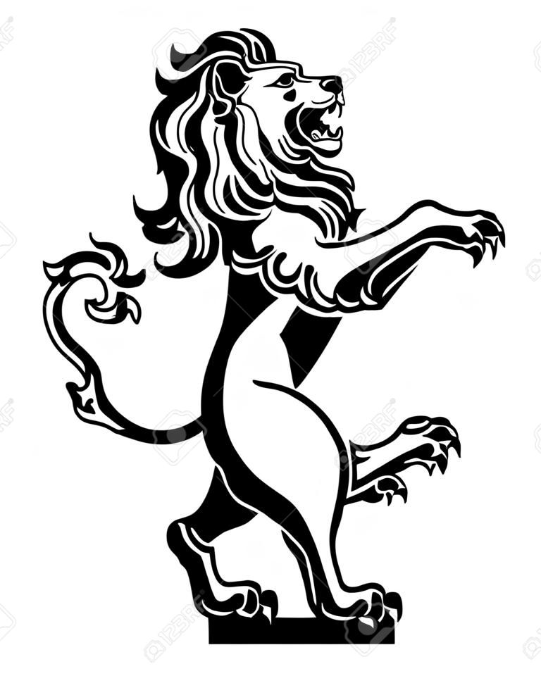 Illustration d'un lion héraldique effréné sur les pattes arrière, comme ceux qu'on trouve sur un blason